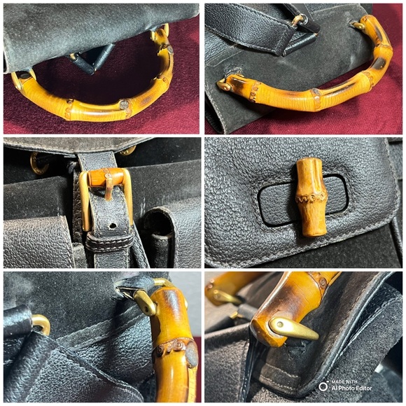 Vintage Gucci Bamboo Suede Leather Backpack Black 90s Italy - Picture 5 of 13